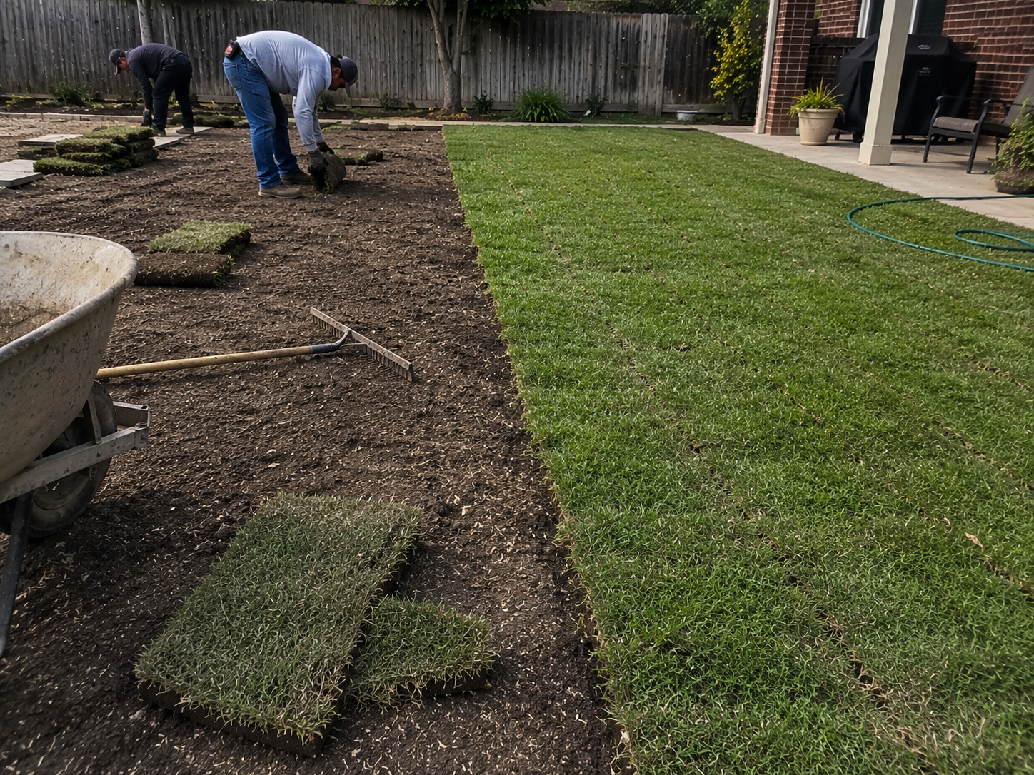 Close view of new sod slabs beside prepared soil
